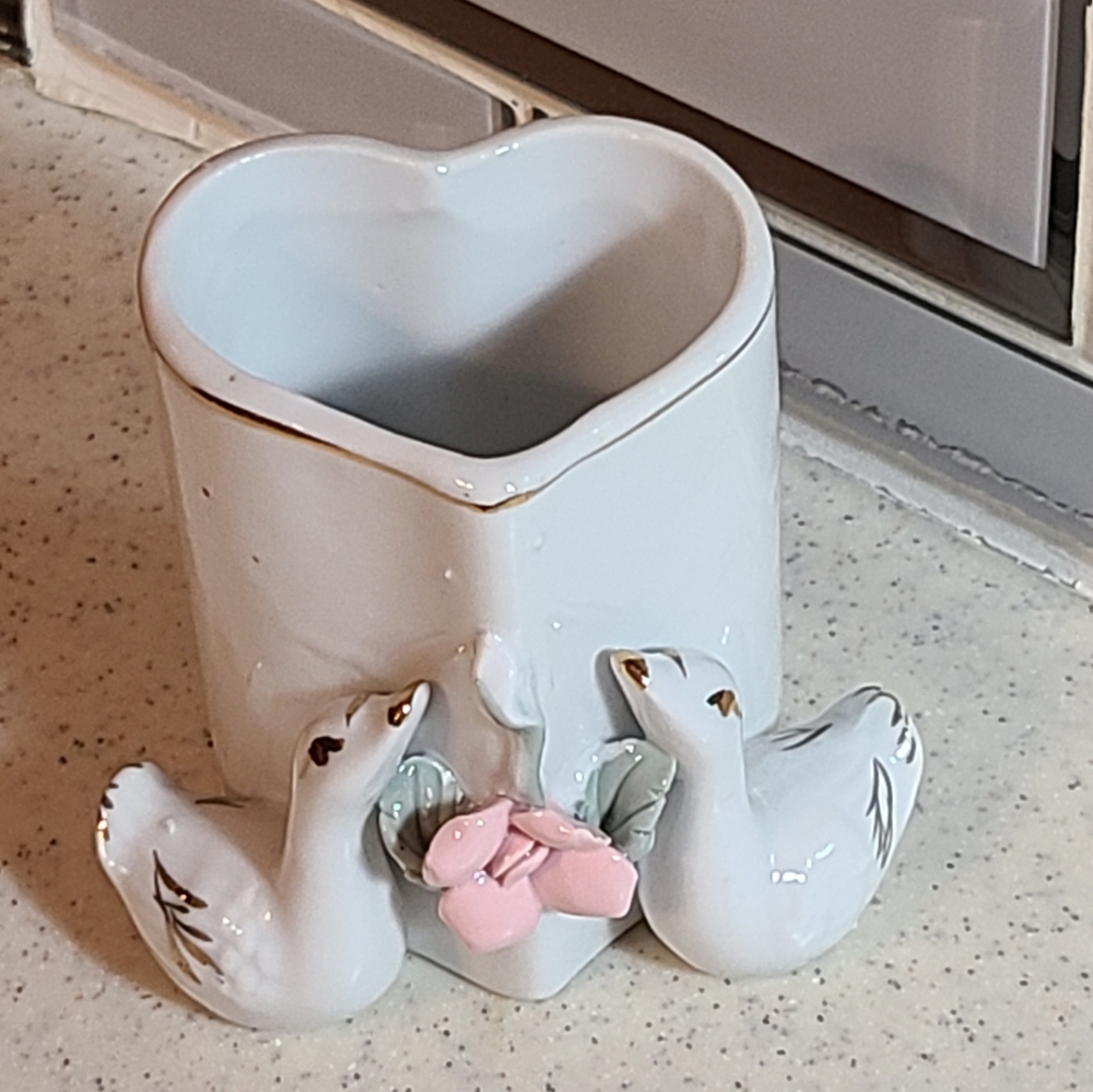 Vintage Ceramic Double White Swan With Pink Flower Trinket Holder 3"
